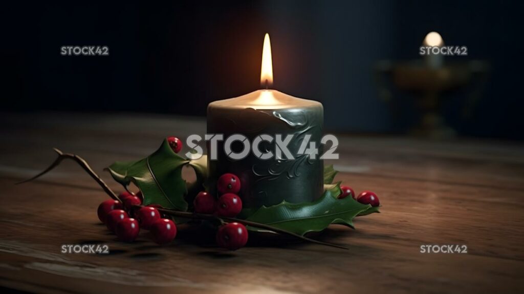 A Christmas candle burning on a table with holly and berr