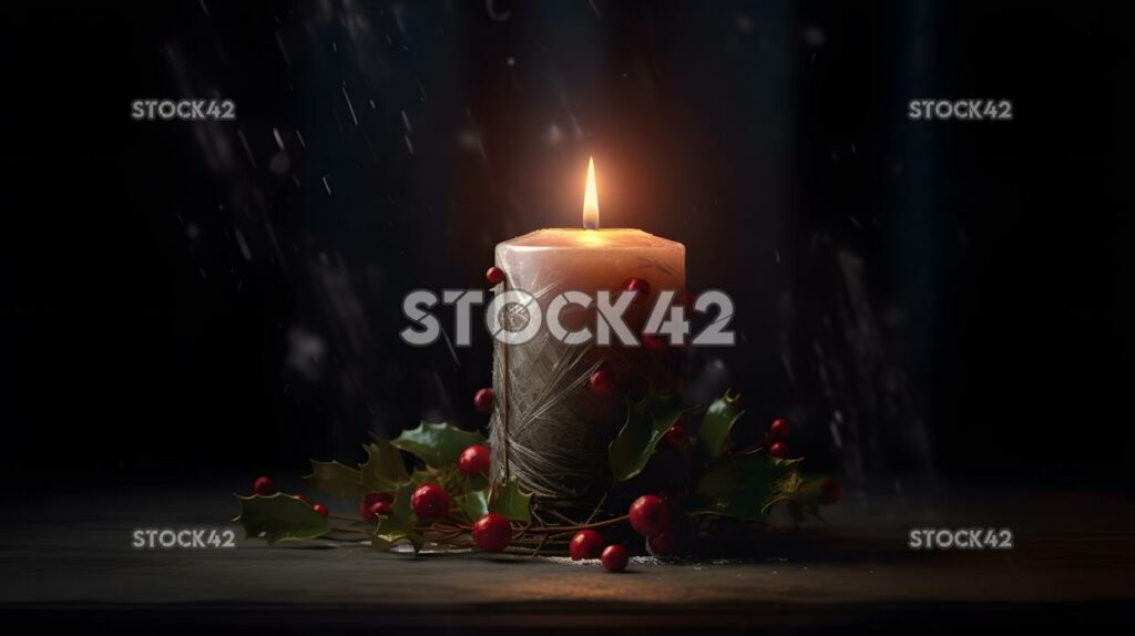 A Christmas candle burning on a table with holly and berr one