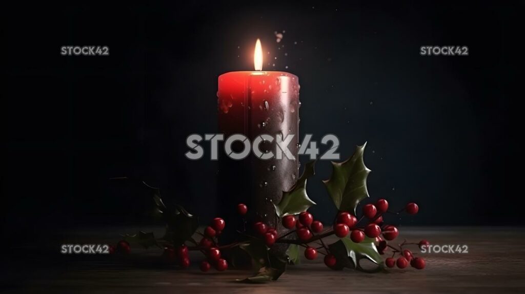 A Christmas candle burning on a table with holly and berr two