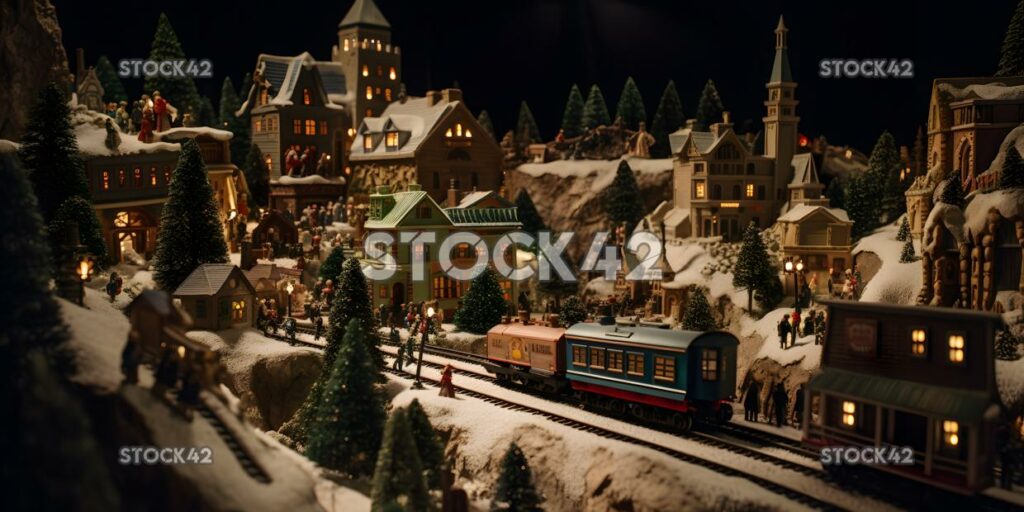 Una exhibición de pueblo navideño con casas en miniatura tiendas y