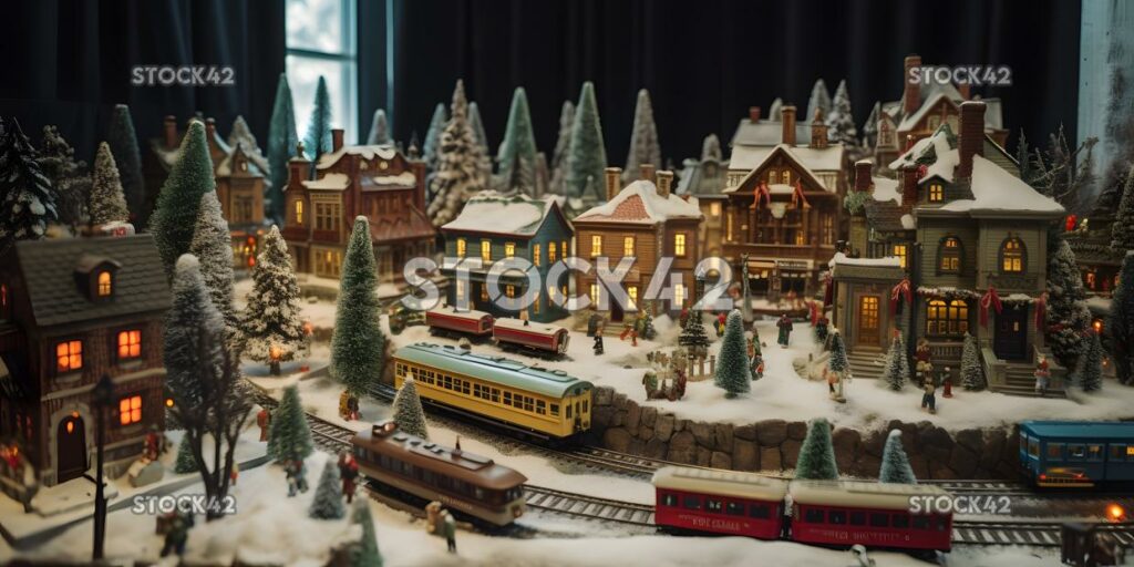 A Christmas village display with miniature houses shops a one