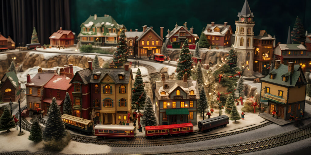 A Christmas village display with miniature houses shops a three