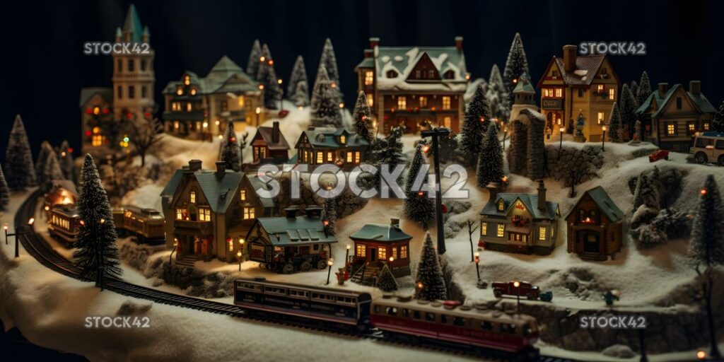 A Christmas village display with miniature houses shops a two