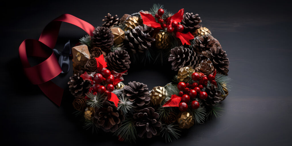 A Christmas wreath made of pine cones berries and ribbon one