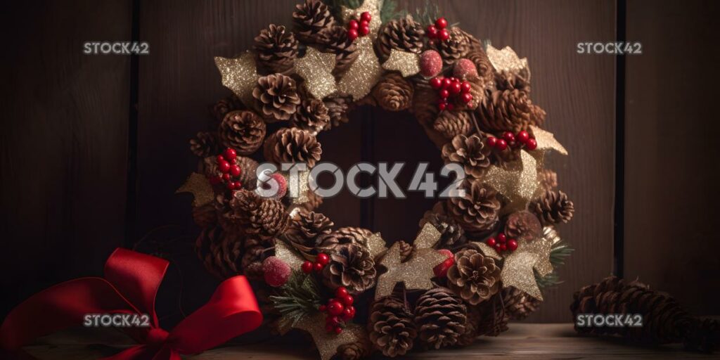 A Christmas wreath made of pine cones berries and ribbon three