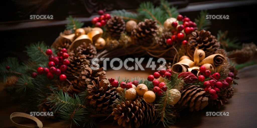 A Christmas wreath made of pine cones berries and ribbon two