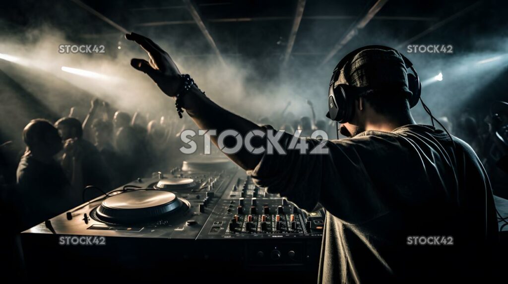 A DJ playing music for a crowd of people dancing at a rav