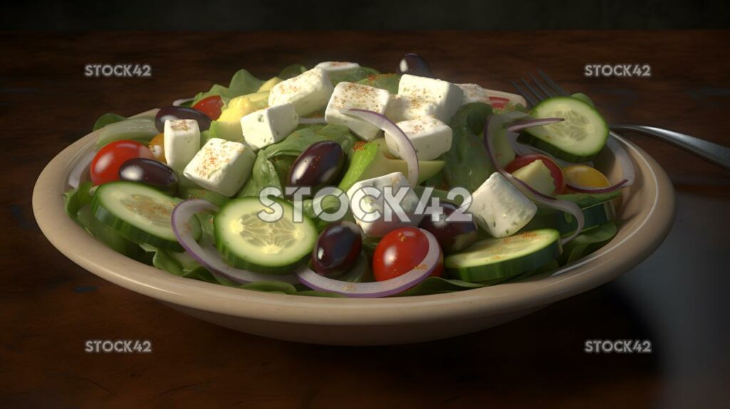 A Greek salad with feta cheese olives and cucumber Hyper- one