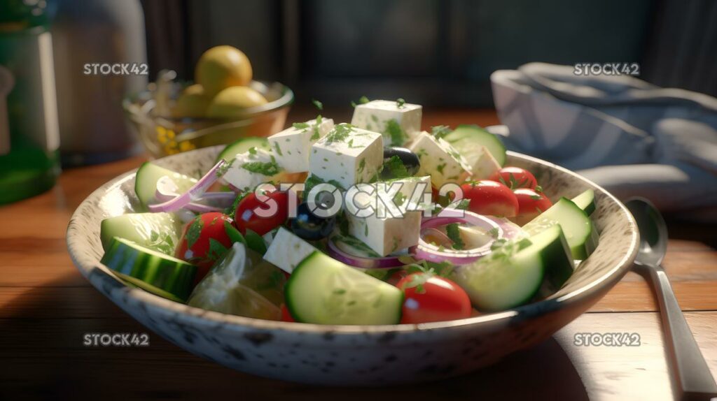 Una ensalada griega con queso feta, aceitunas y pepino Hyper- three