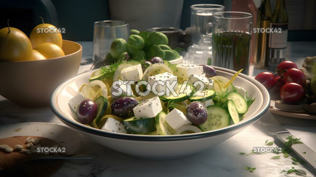 A Greek salad with feta cheese olives and cucumber Hyper- two