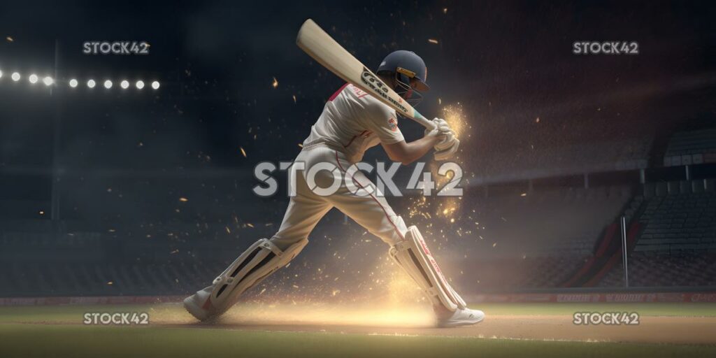 A batsman taking a swing at a cricket ball trying to scor