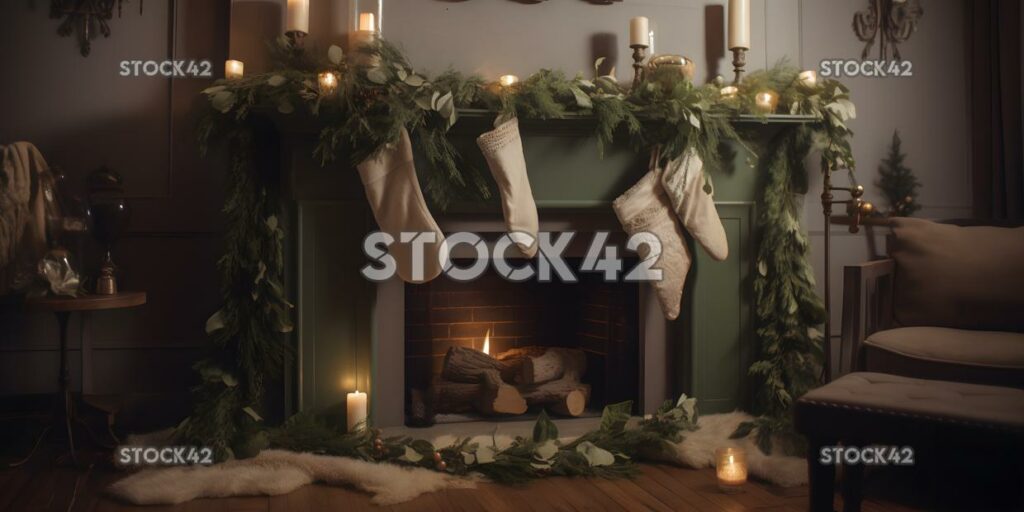 A beautifully decorated mantel with stockings and garland