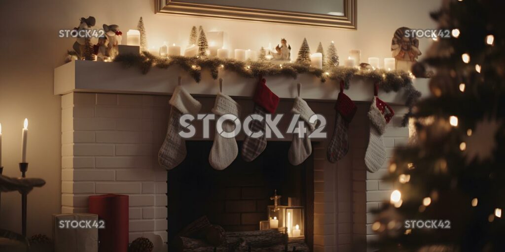 A beautifully decorated mantel with stockings and garland one