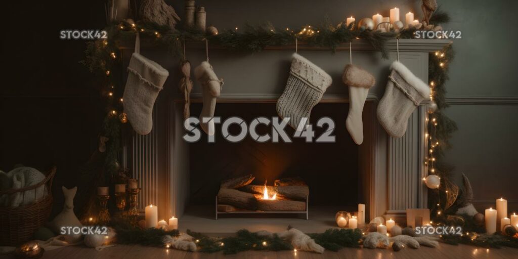 A beautifully decorated mantel with stockings and garland two