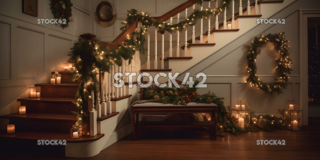 A beautifully decorated staircase with garland lights and