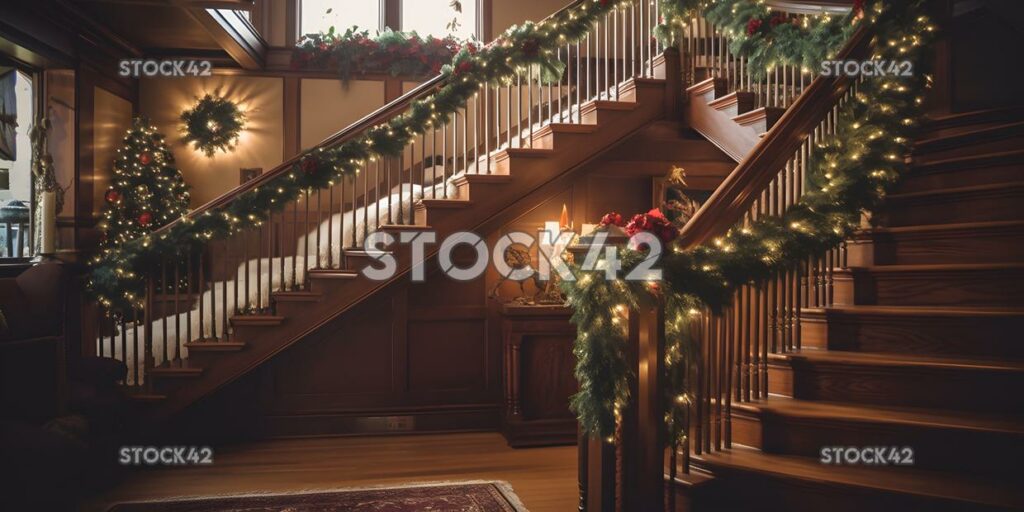 A beautifully decorated staircase with garland lights and one