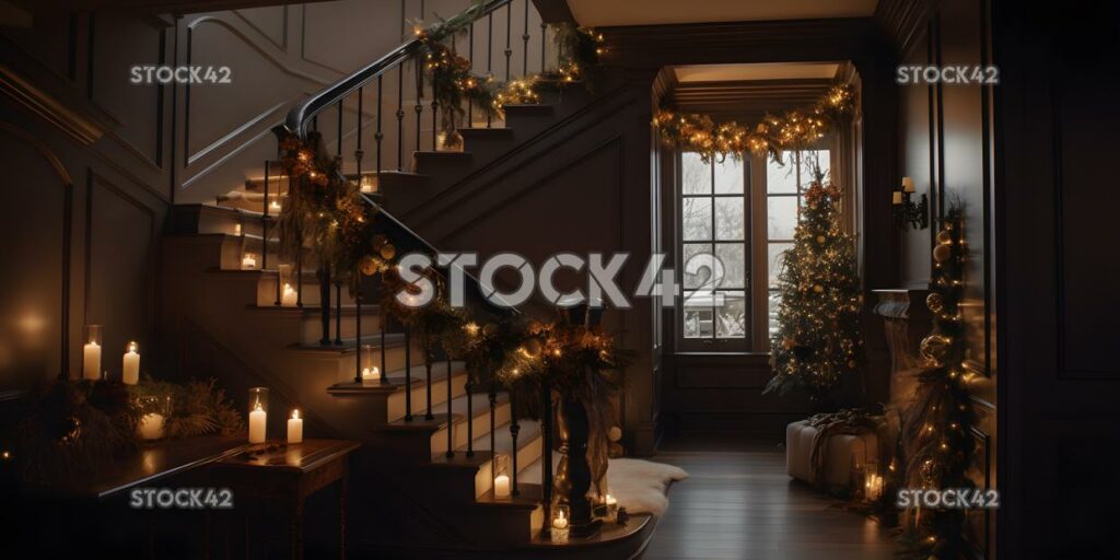 A beautifully decorated staircase with garland lights and three