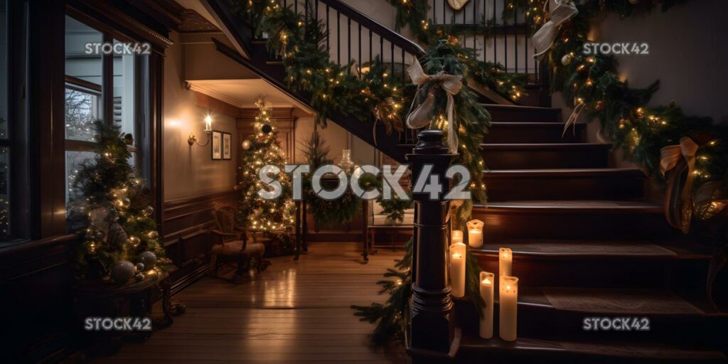 A beautifully decorated staircase with garland lights and two