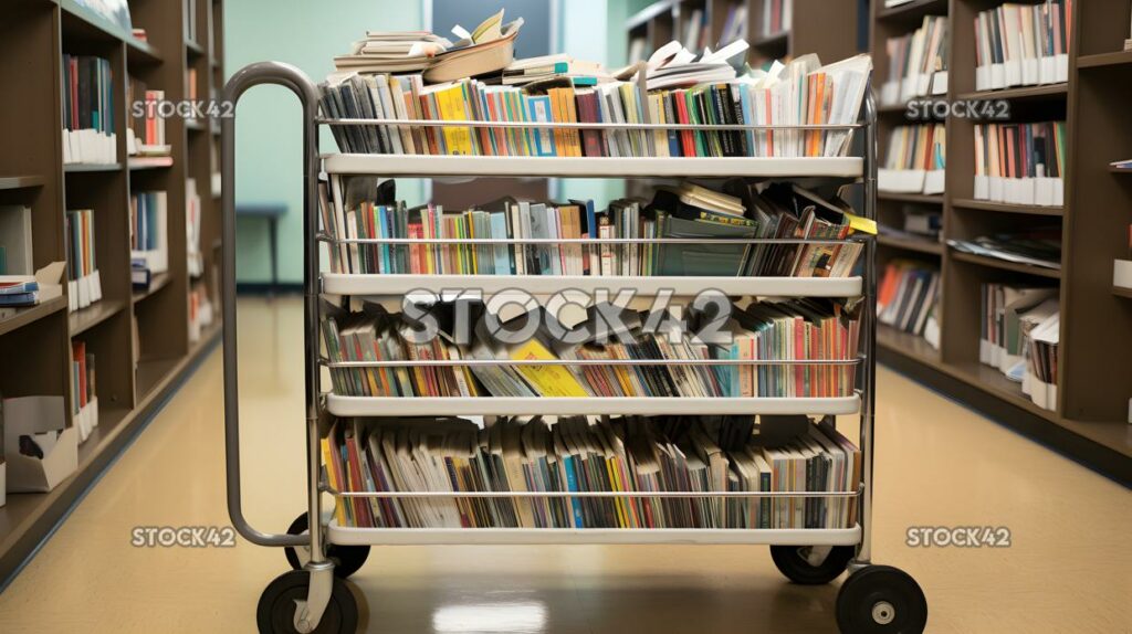 Un carrito de libros lleno de novelas en la biblioteca de una escuela