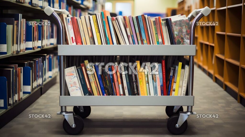 Un carrito de libros lleno de novelas en una biblioteca escolar