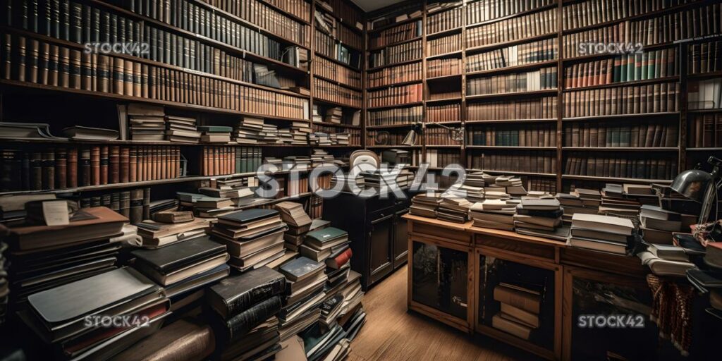 A bookshelf in a university library filled with thick tex