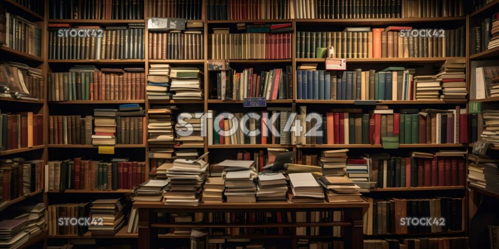 A bookshelf in a university library filled with thick tex one