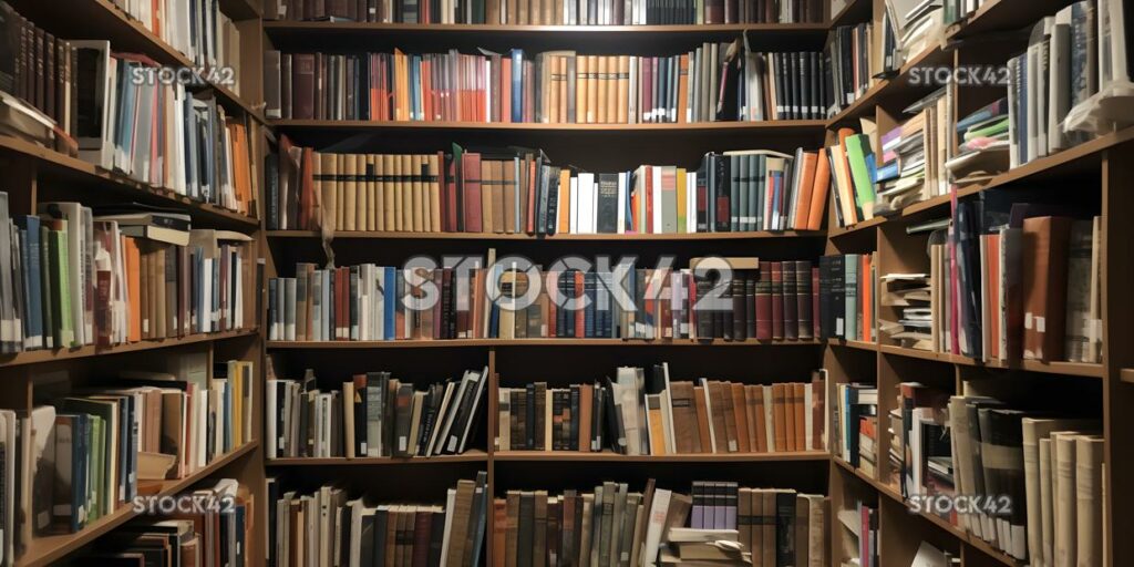 A bookshelf in a university library filled with thick tex three