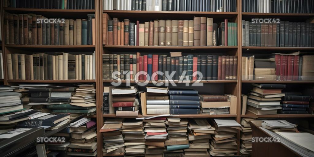 A bookshelf in a university library filled with thick tex two