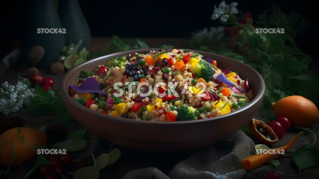 A bowl of colorful quinoa salad with a variety of vegetab