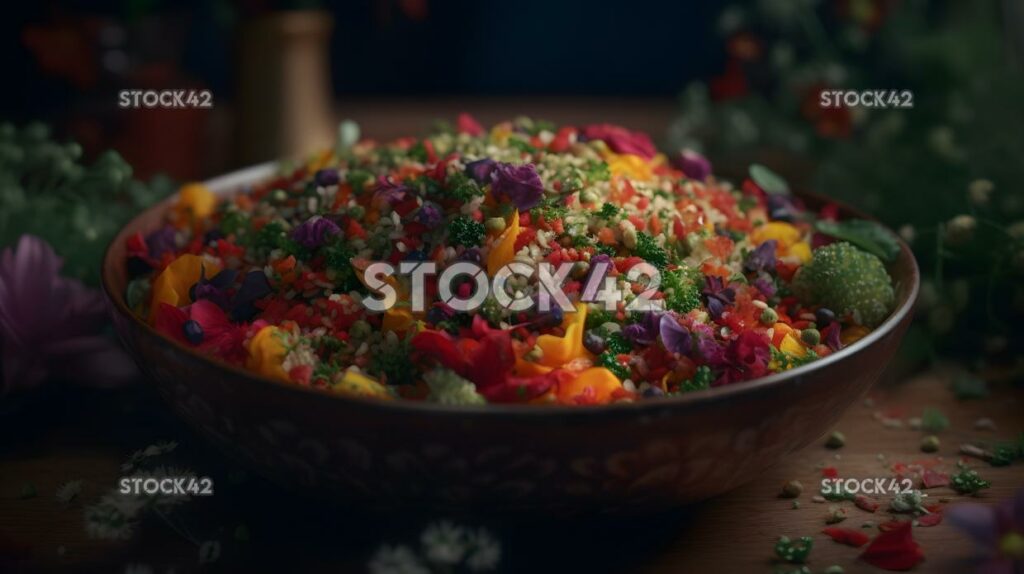 Un tazón de colorida ensalada de quinua con una variedad de vegetar uno