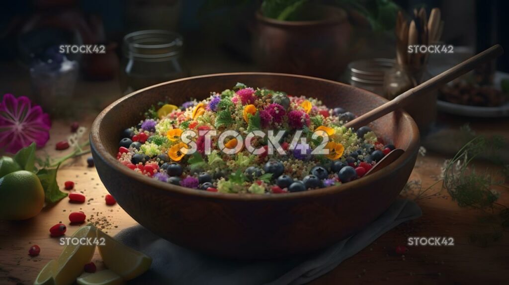 A bowl of colorful quinoa salad with a variety of vegetab three