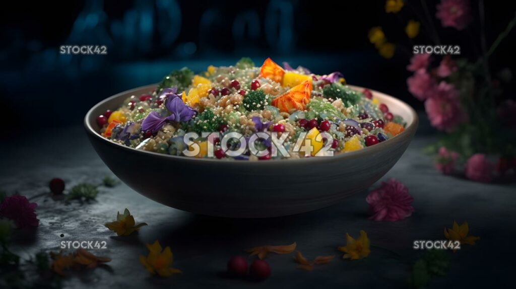 A bowl of colorful quinoa salad with a variety of vegetab two