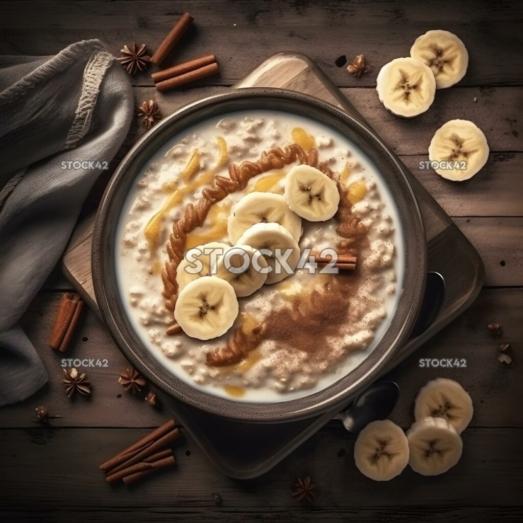 Un tazón de avena cremosa con canela y plátanos en rodajas uno