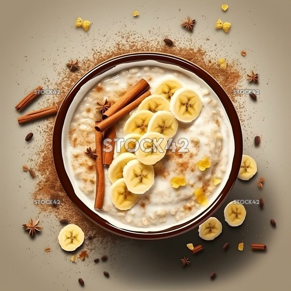 A bowl of creamy oatmeal with cinnamon and sliced bananas three