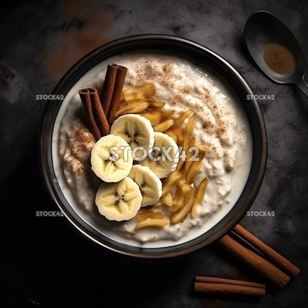 A bowl of creamy oatmeal with cinnamon and sliced bananas two