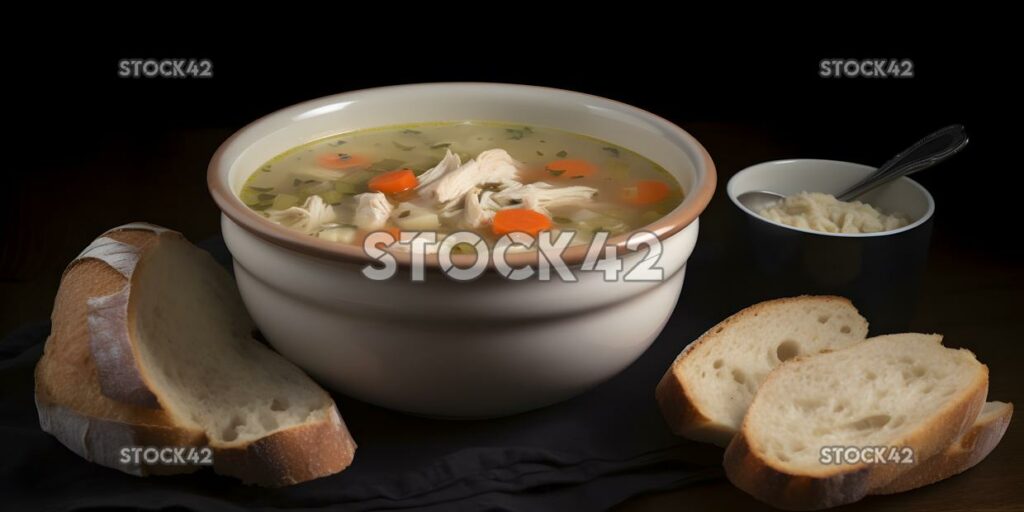 Eine Schüssel hausgemachte Hühnersuppe mit einer Scheibe knusprigem Br