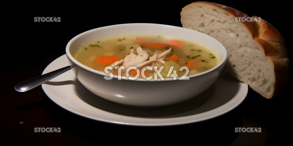 A bowl of homemade chicken soup with a slice of crusty br one