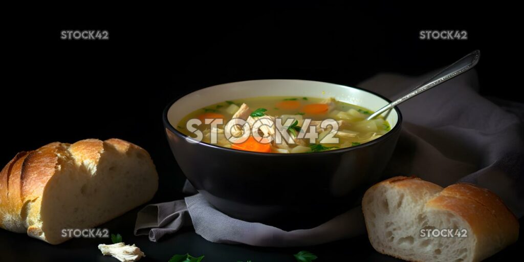 A bowl of homemade chicken soup with a slice of crusty br three