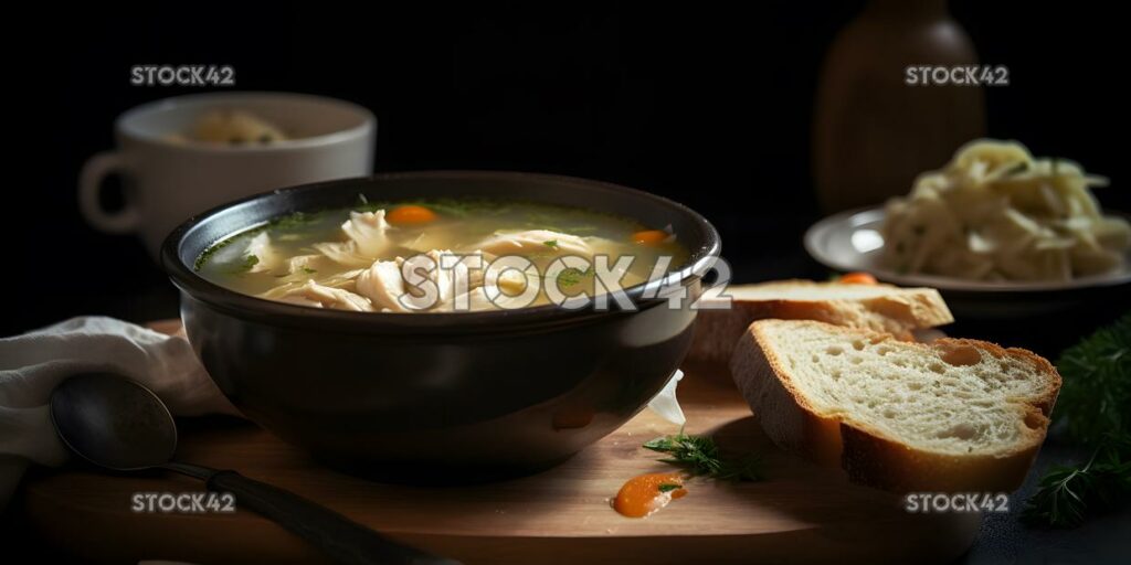 A bowl of homemade chicken soup with a slice of crusty br two