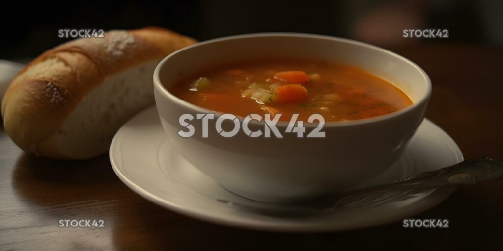 Un tazón de sopa de verduras casera con un papel de pan crujiente