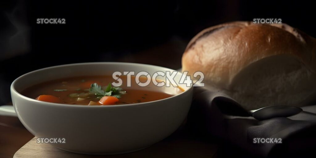 A bowl of homemade vegetable soup with a crusty bread rol one