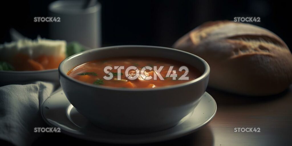 A bowl of homemade vegetable soup with a crusty bread rol three