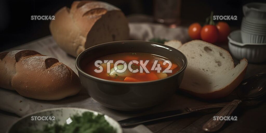 A bowl of homemade vegetable soup with a crusty bread rol two