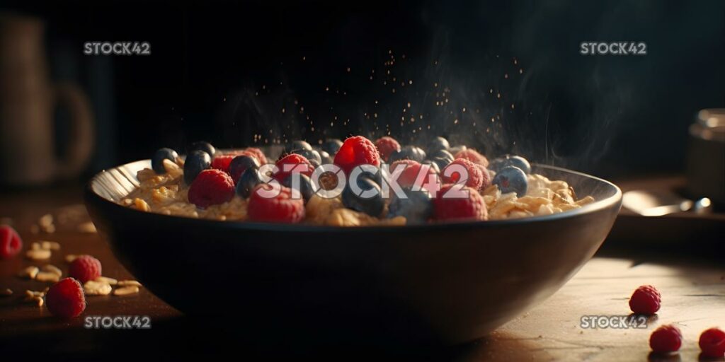 A bowl of hot oatmeal with berries and nuts dynamic light