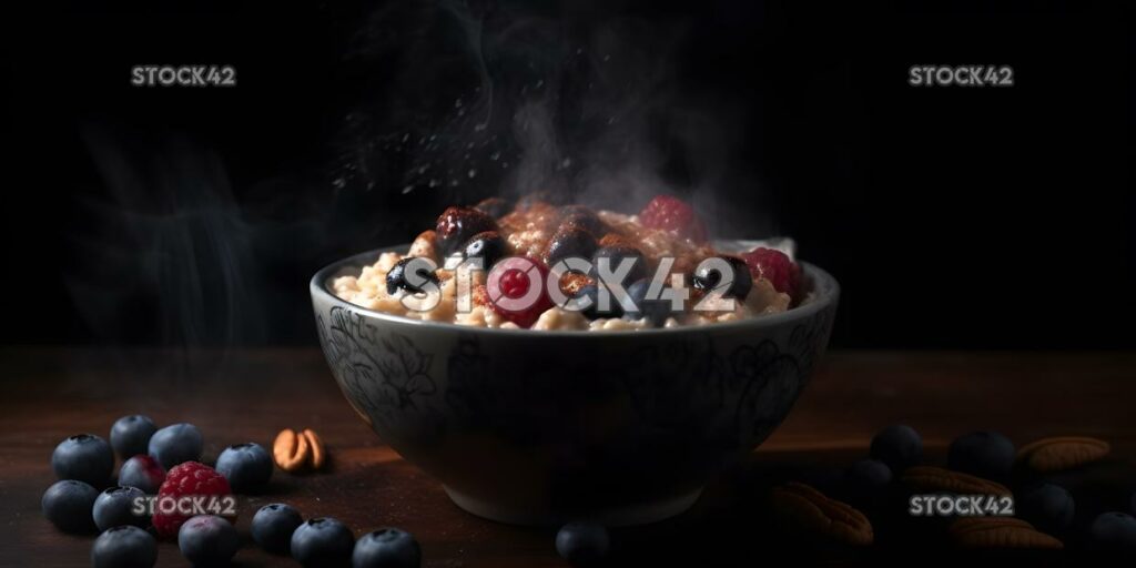 A bowl of hot oatmeal with berries and nuts dynamic light one