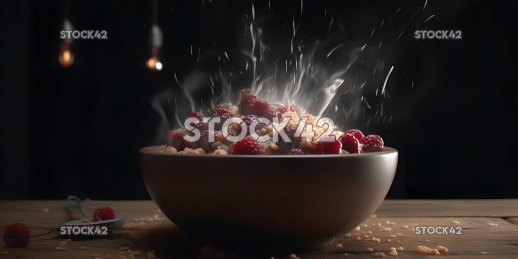 A bowl of hot oatmeal with berries and nuts dynamic light two