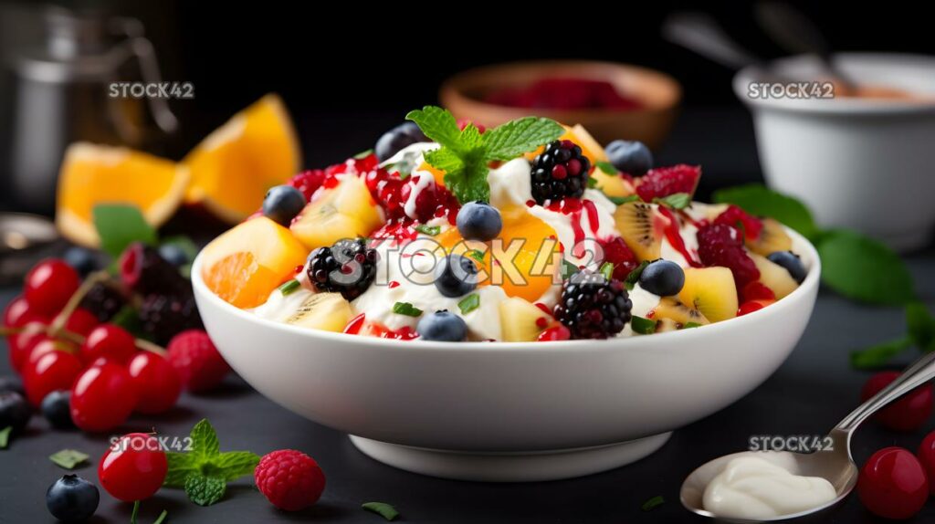 A bowl of mixed fruit salad with a dollop of yogurt on to