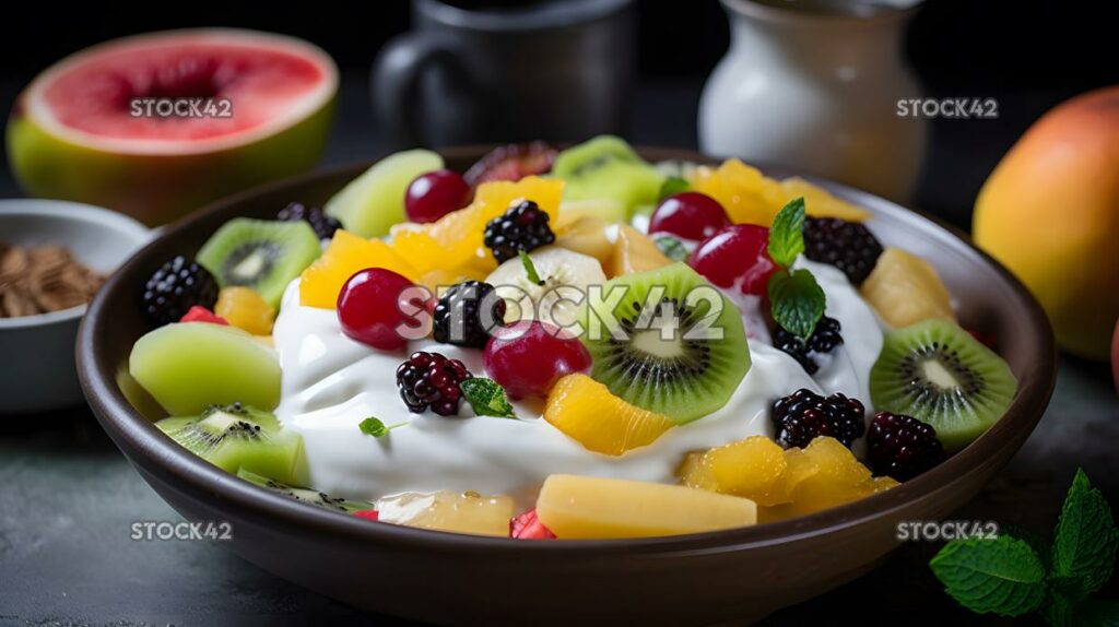 Eine Schüssel gemischter Obstsalat mit einem Klecks Joghurt auf einem