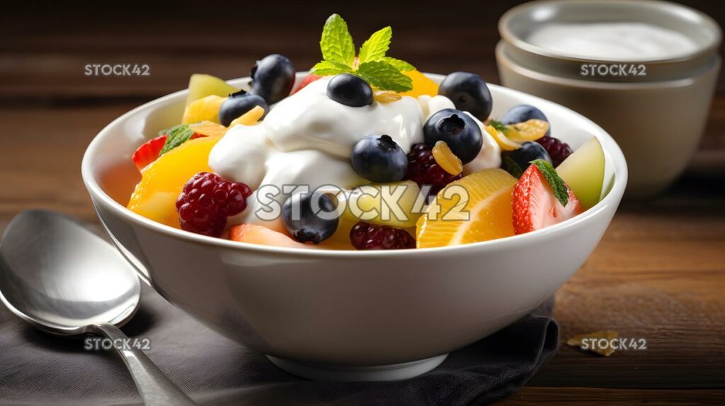 Eine Schüssel gemischter Obstsalat mit einem Klecks Joghurt auf drei