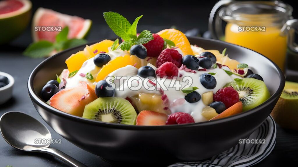 A bowl of mixed fruit salad with a dollop of yogurt on to two